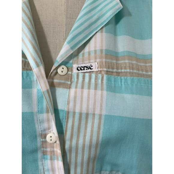 Vintage top 70s 80s Blouse Shirt Button Pastel Blue Brown Bat Wing Plaid CERSE - Picture 10 of 10